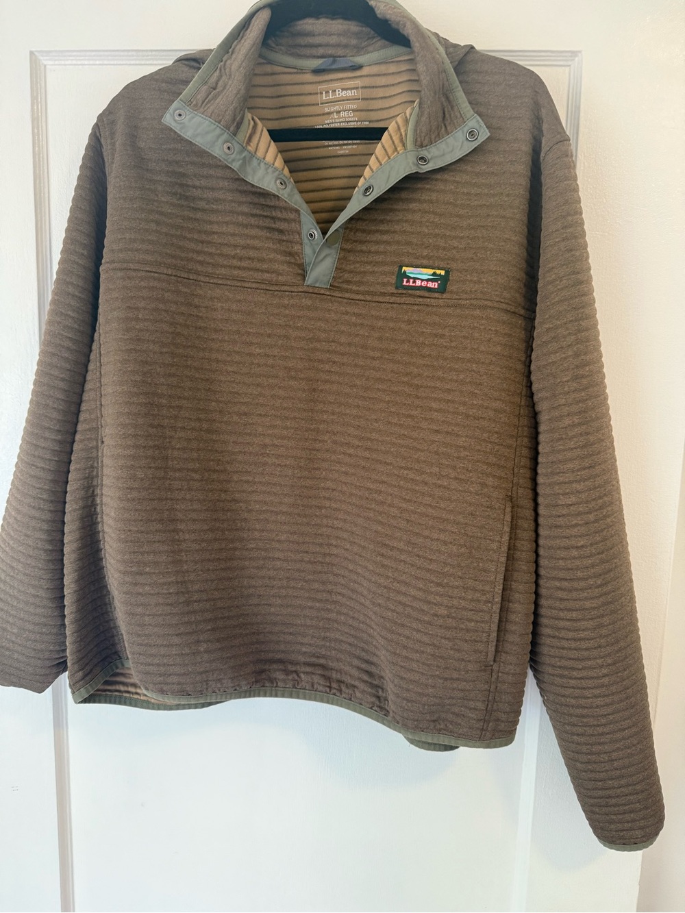 L.L. Bean Men's Olive Brown Quarter-Snap Ribbed Fleece Pullover